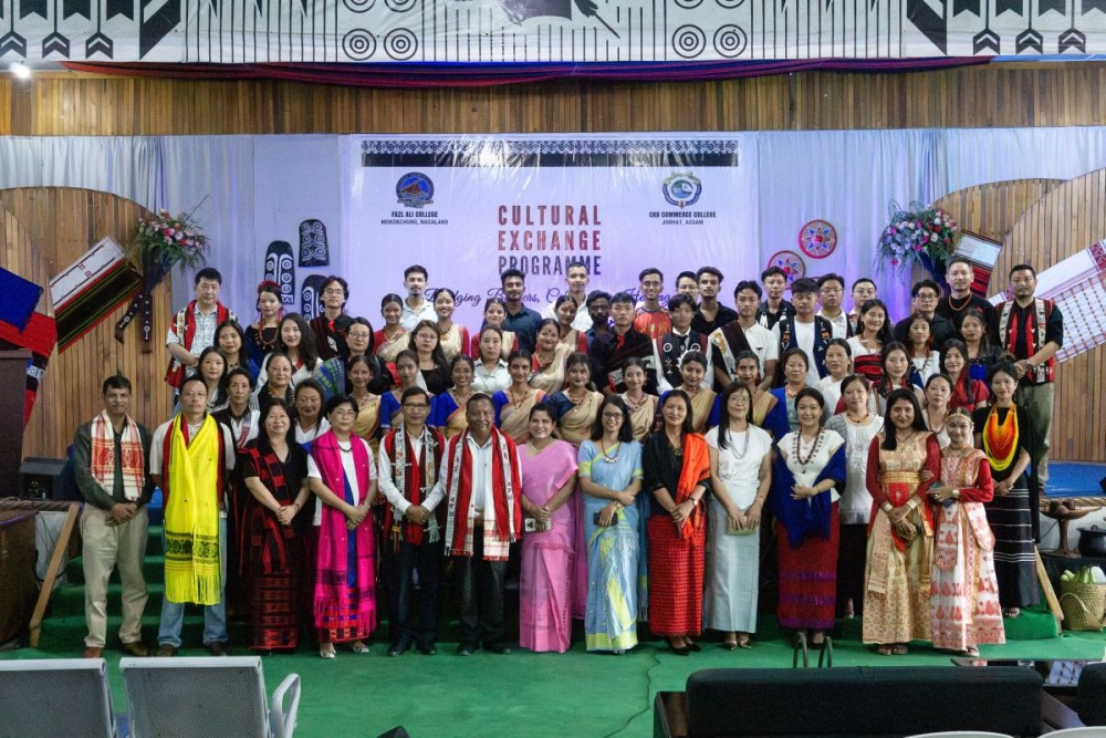 Students and faculty of FAC and CKB Commerce College, Jorhat, Assam during the cultural exchange programme at FAC Auditorium on August 29.